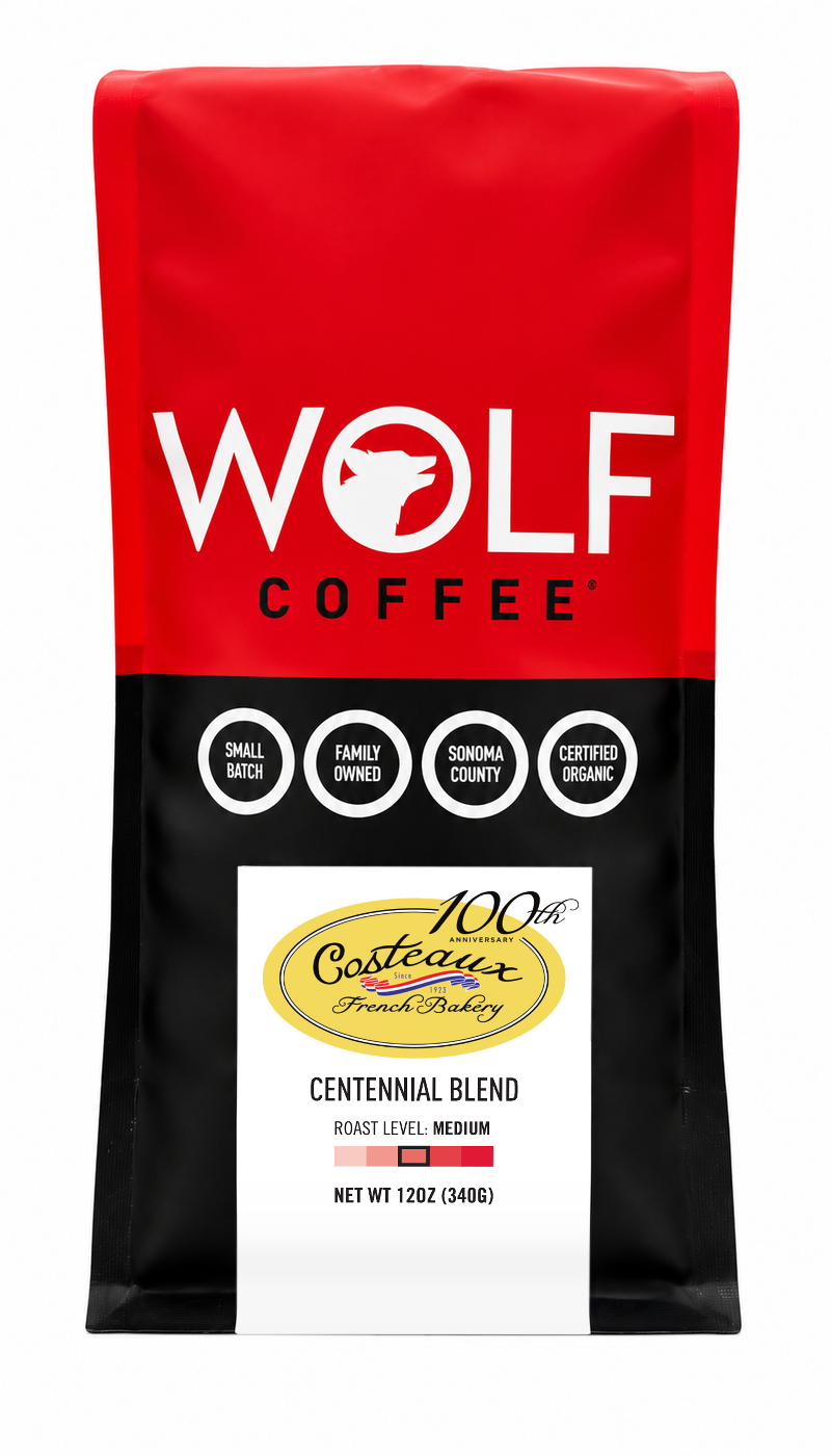 Wolf Coffee Costeaux Centennial Blend medium roast organic coffee, 12 oz red and black bag on white background