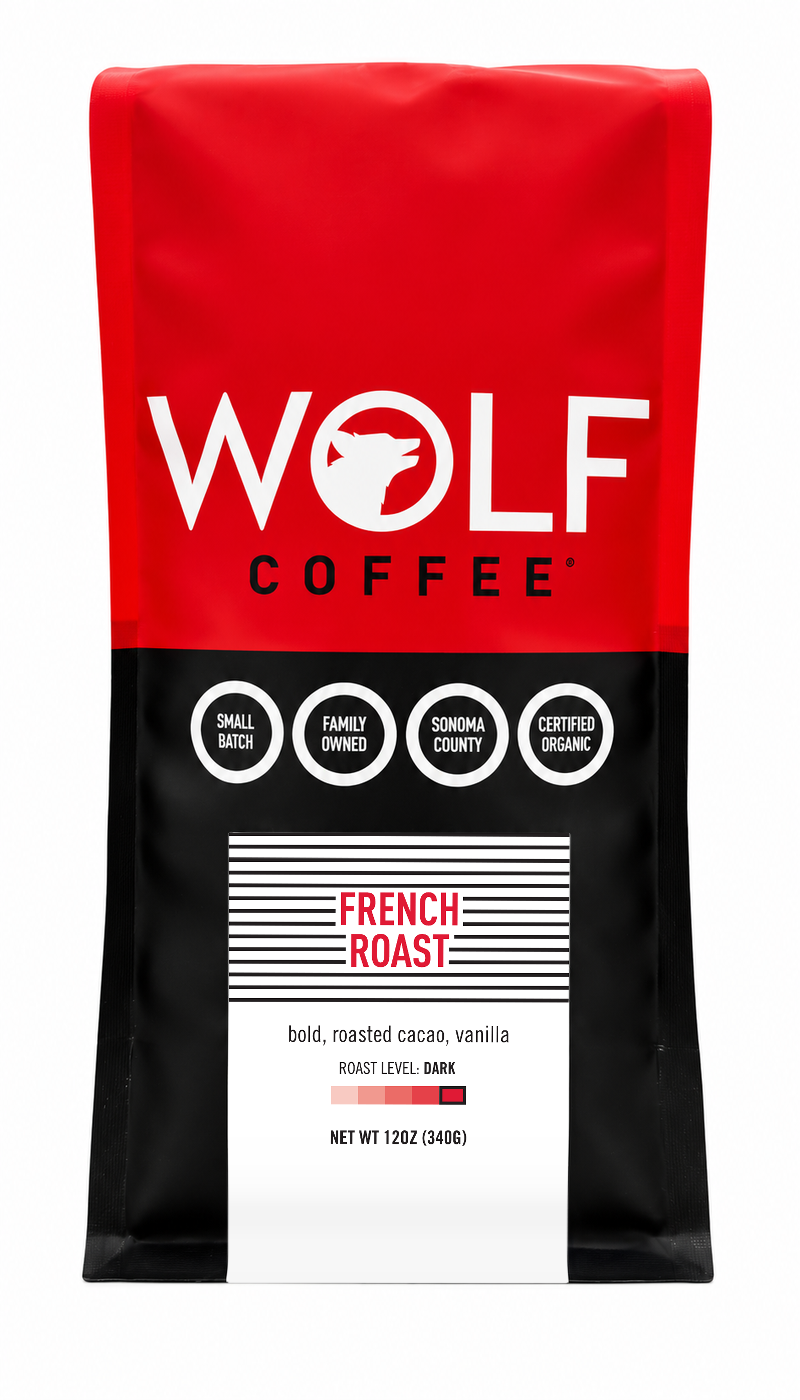 Wolf Coffee French Roast dark roast organic coffee, 12 oz red and black bag on white background