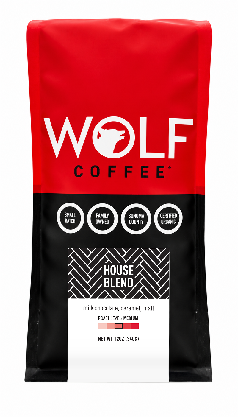 Wolf Coffee House Blend medium roast organic coffee, 12 oz red and black bag on white background